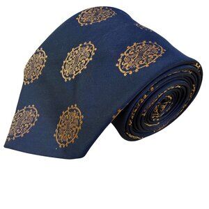 Wembley Men’s Navy Silk Tie Gold Floral Pattern Handmade Formal Accessory